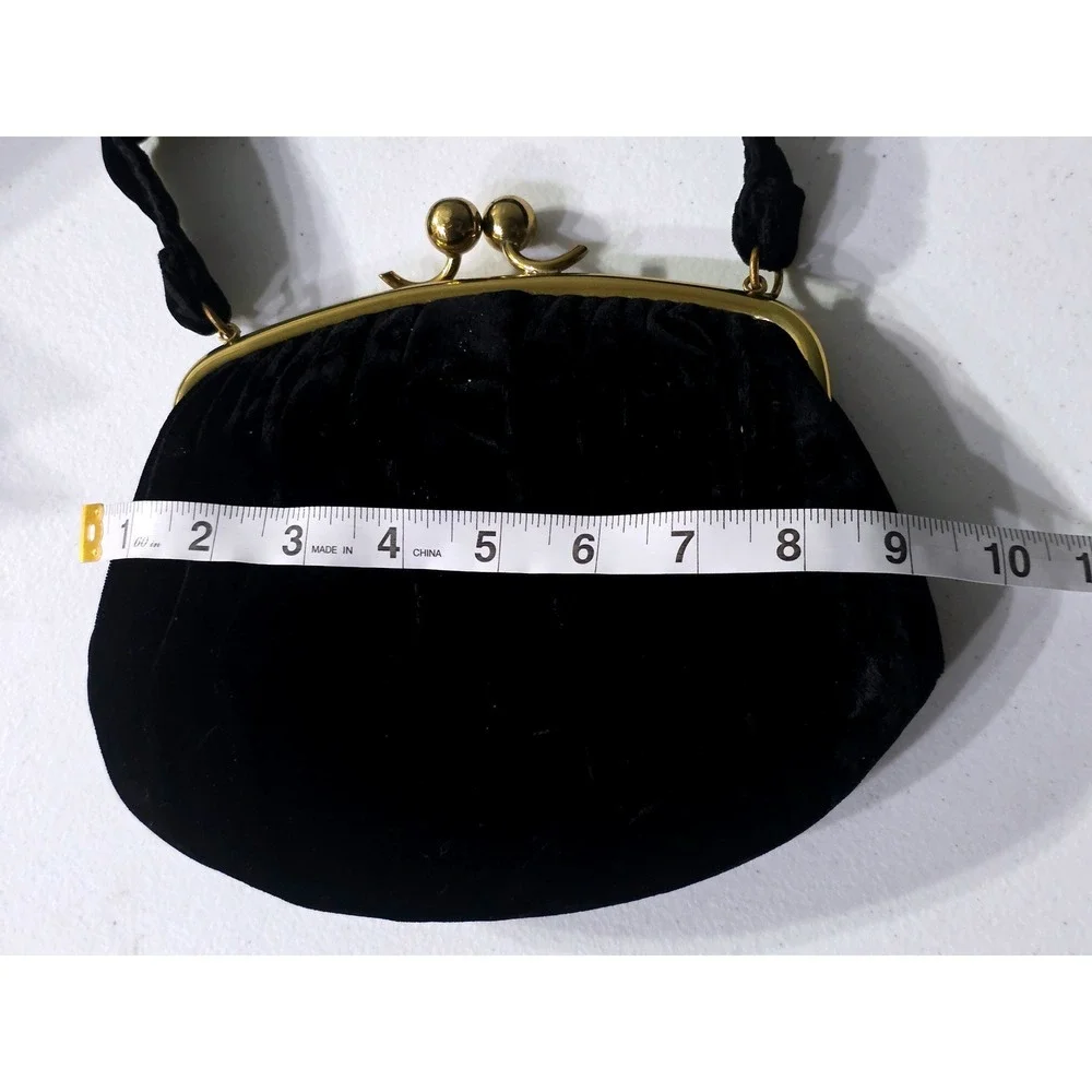 Vintage MM Black Velvet Evening Bag Gold Tone Kiss Lock Frame Top Handle Purse